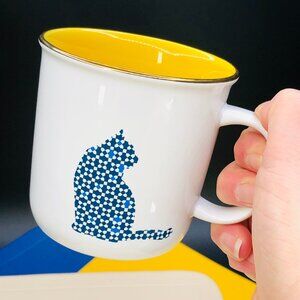 David's Tea Blue Mosaic Patchwork CAT Coffee Mug, Gold Trim Y2K Collectible Gift
